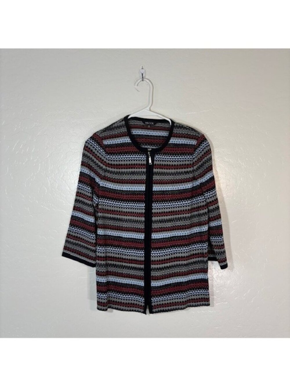 Misook Cardigan Jacket Womens XS Acrylic Knit Full Zip Red Black Stripe